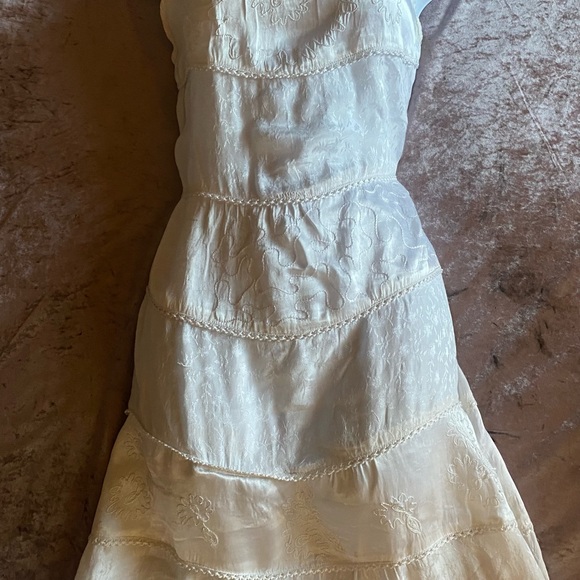 VNTG Boho Cream Tiered Satin Patchwork Dress - Picture 5 of 13